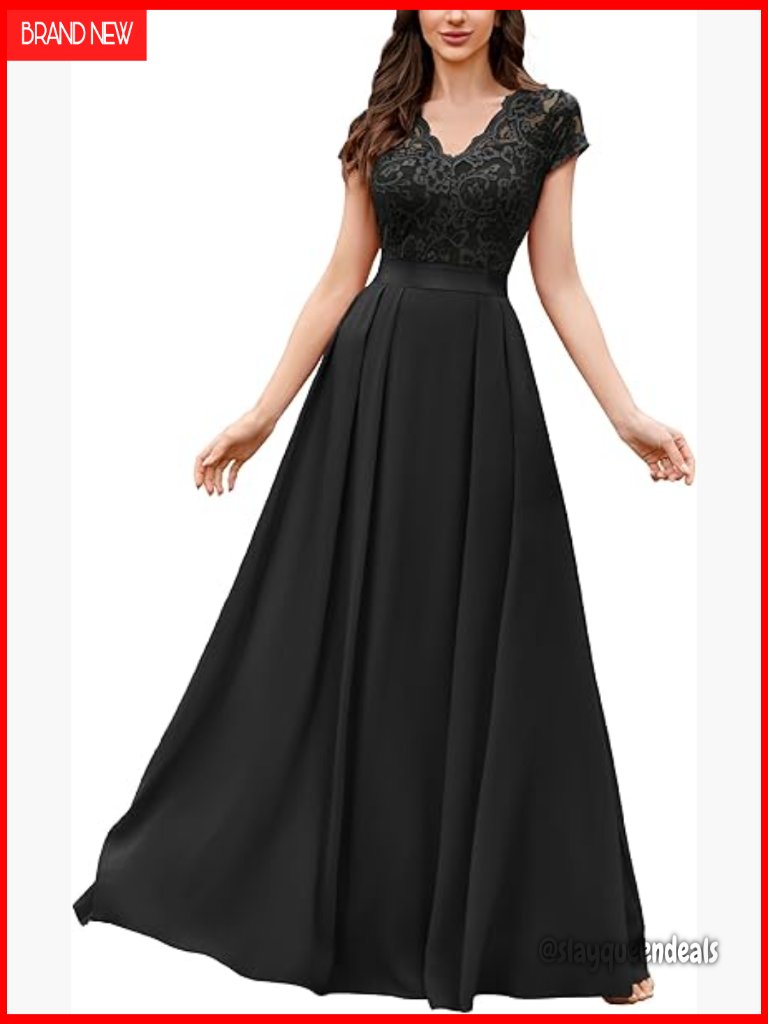 Elegant Floral Lace V-Neck Cap Sleeve Formal Maxi Dress